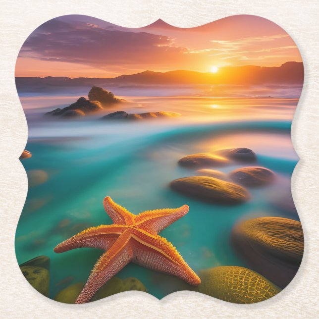 Starfish on beach at Dawn  Paper Coaster (Front)
