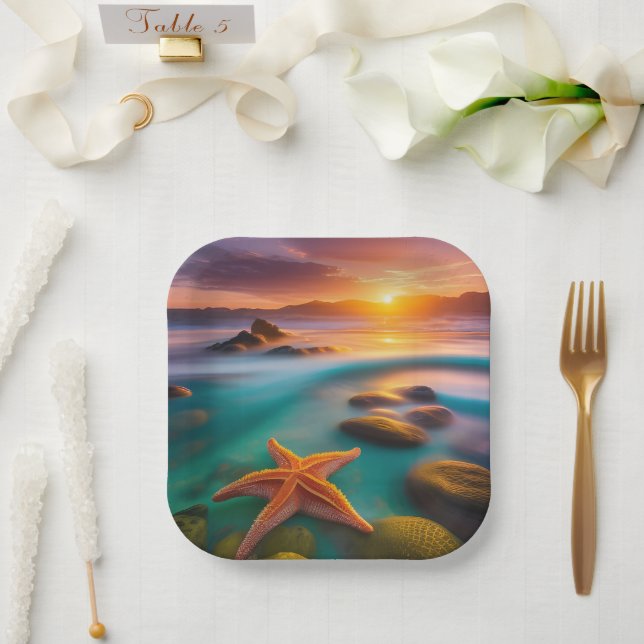 Starfish on beach at Dawn  Paper Plates (Wedding)