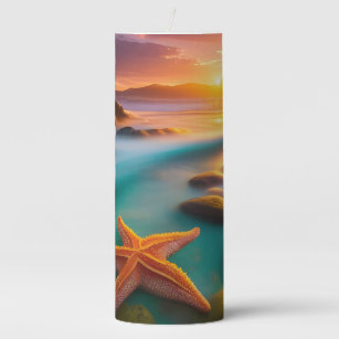 Starfish on beach at Dawn  Pillar Candle
