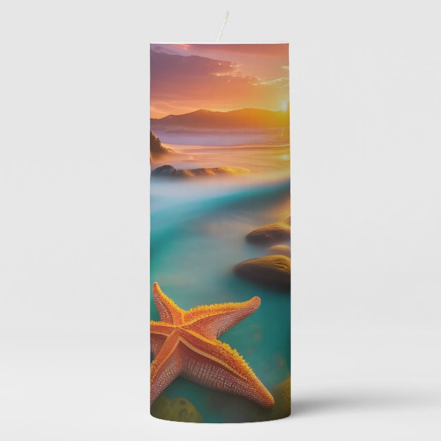 Starfish on beach at Dawn  Pillar Candle (Front)