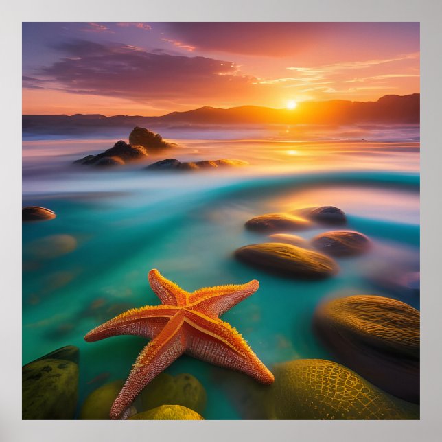 Starfish on beach at Dawn  Poster (Front)