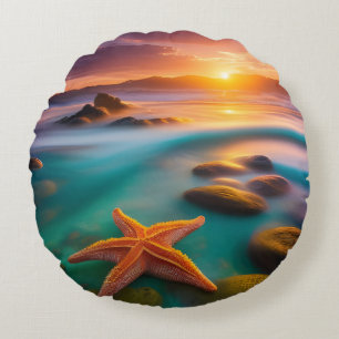Starfish on beach at Dawn Round Pillow
