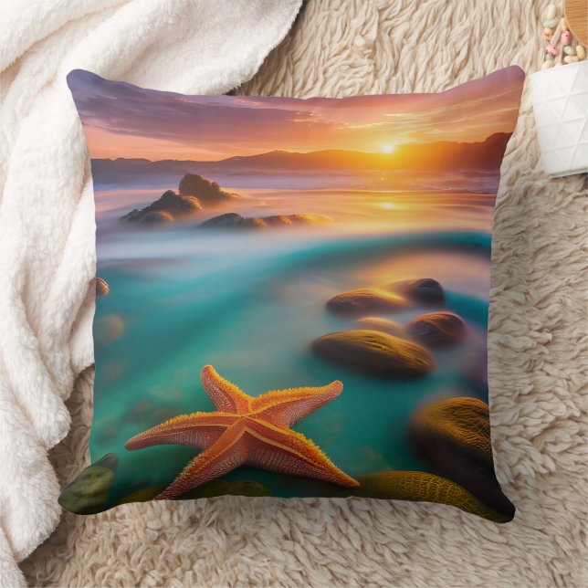 Starfish on beach at Dawn Throw Pillow (Blanket)