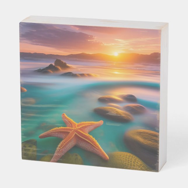 Starfish on beach at Dawn  Wooden Box Sign (Angled Horizontal)