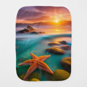 Starfish on Beach at Sunrise Baby Burp Cloth