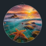 Starfish on Beach at Sunrise  Dart Board<br><div class="desc">orange Starfish in a tidal pool as the sun rises in the distance

Ai Generated Art  by minx267</div>