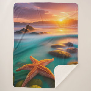 Starfish on Beach at Sunrise Sherpa Blanket