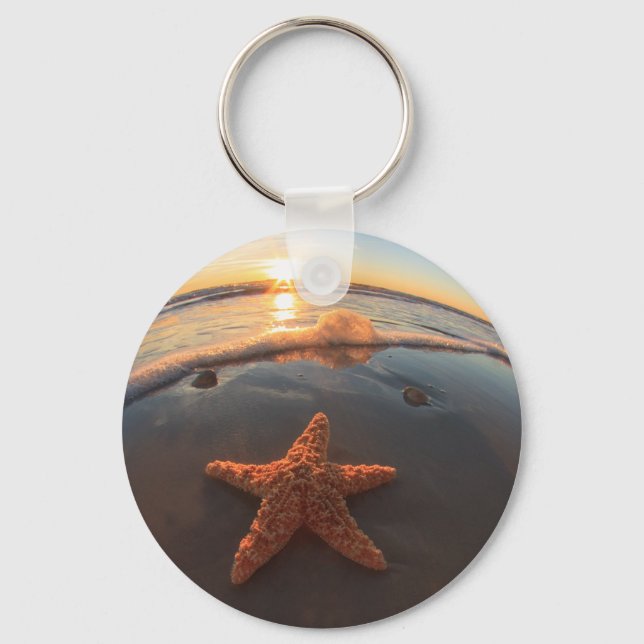 Starfish on Beach at Sunset Keychain (Front)