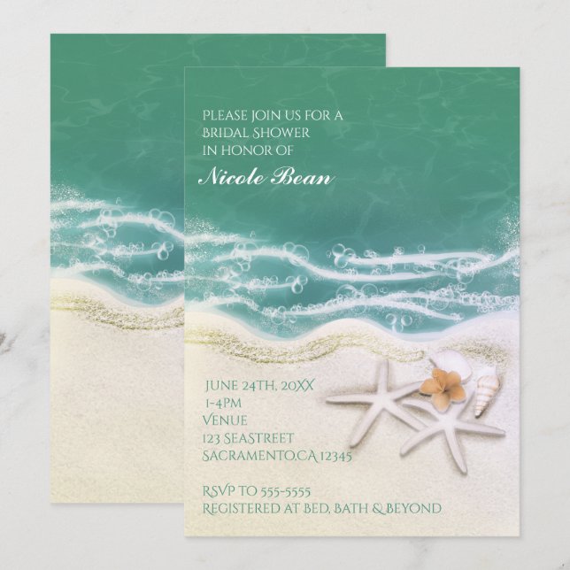 Starfish on the Beach Teal Sea Water Invitations (Front/Back)