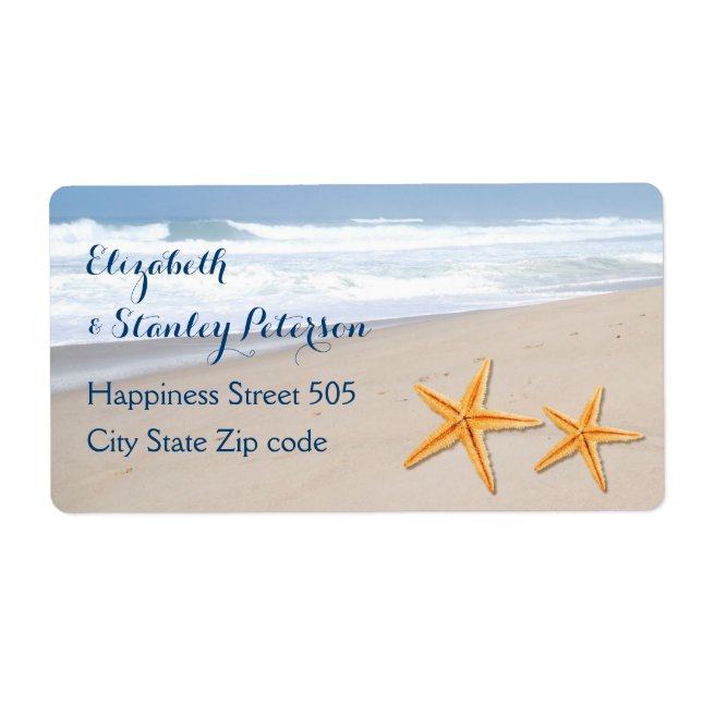 Starfish on the sand destination beach wedding label (Front)