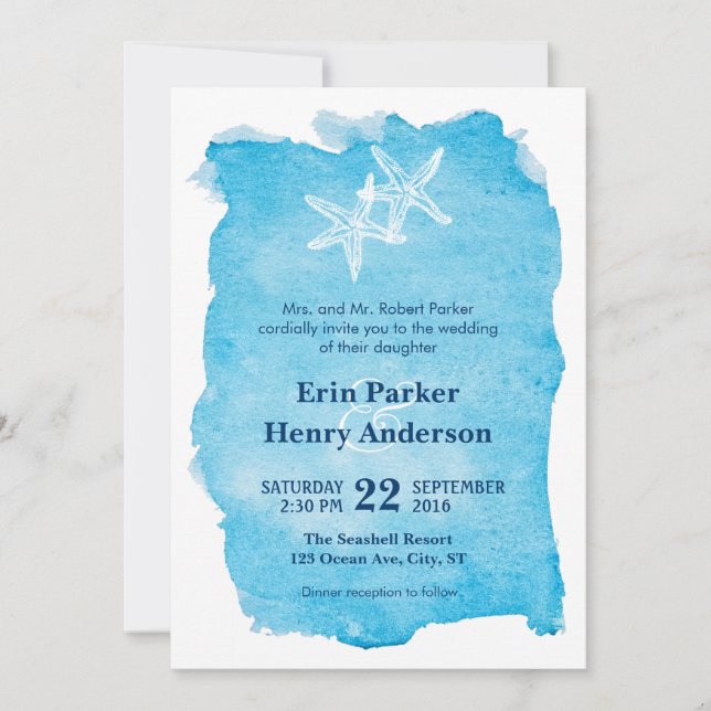 Starfish on Watercolor Wedding Invitation (Front)