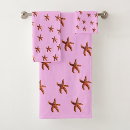 Starfish or sea star from ocean on pink bath towel set