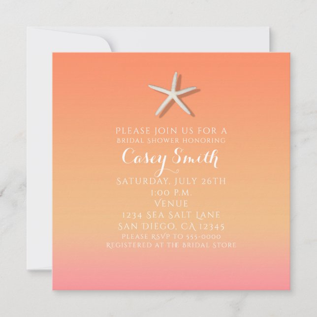 Starfish Orange & Pink Beach Summer Bridal Shower Invitation (Front)