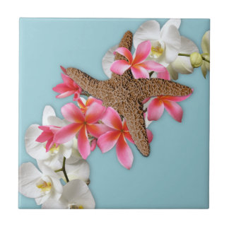 Starfish Orchids Plumeria Blue Ceramic Tile