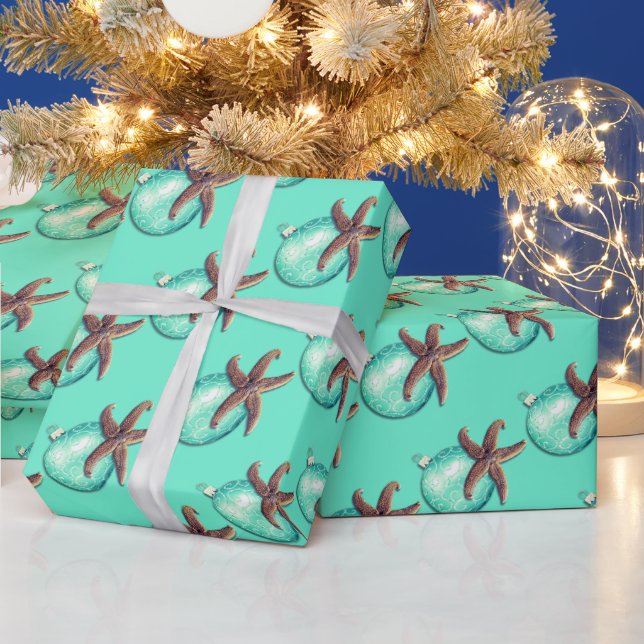 Starfish Ornament Pattern Turquoise Christmas Wrapping Paper (Holidays)