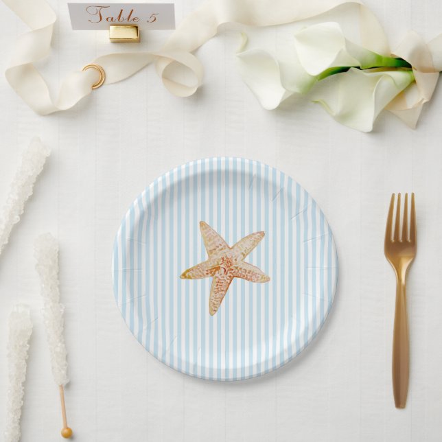Starfish Painting Blue Stripe Ocean Beach Party Paper Plates (Wedding)