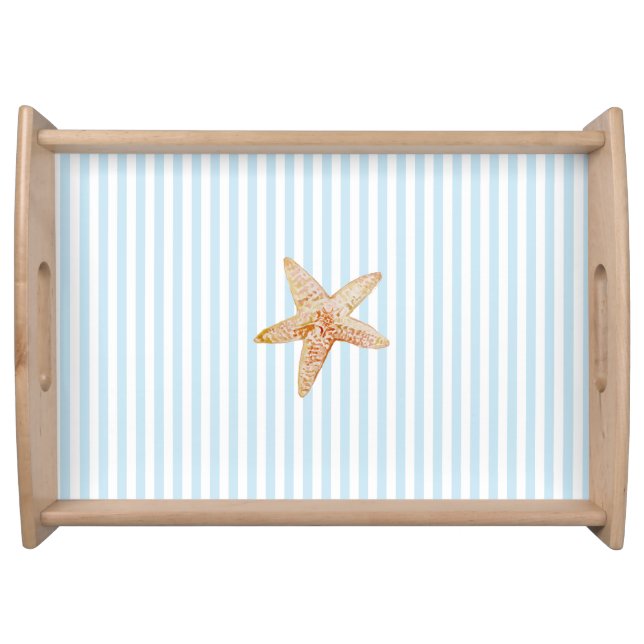 Starfish Painting Blue Stripe Ocean Beach Party Serving Tray (Front)