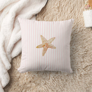 Starfish Painting Pink Stripe Ocean Beach House Throw Pillow