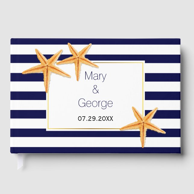 Starfish pair and stripes beach wedding guest book (Front)
