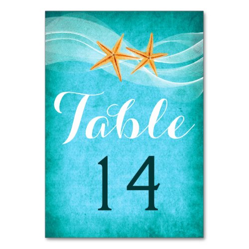 Starfish pair and veil beach wedding table number