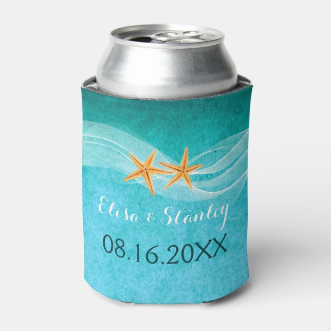 Starfish pair and veil turquoise beach wedding can cooler (Can Front)