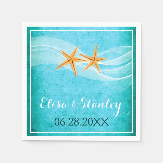 Starfish pair and veil turquoise beach wedding paper napkins (Front)