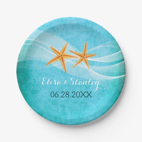 Starfish pair and veil turquoise beach wedding paper plates