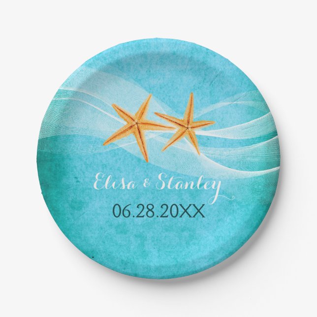 Starfish pair and veil turquoise beach wedding paper plates (Front)