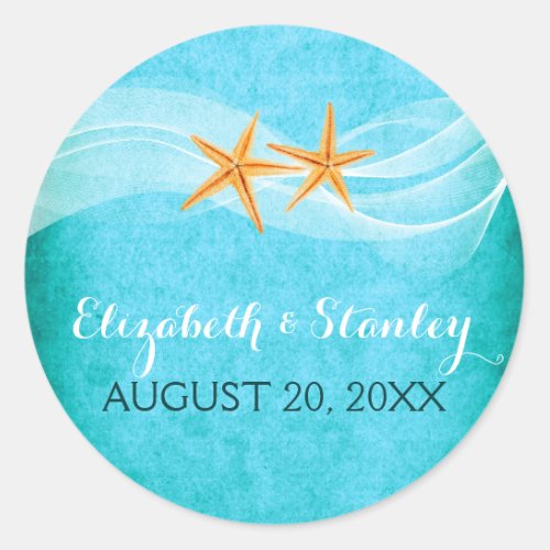 Starfish pair beach wedding Save the Date Classic Round Sticker