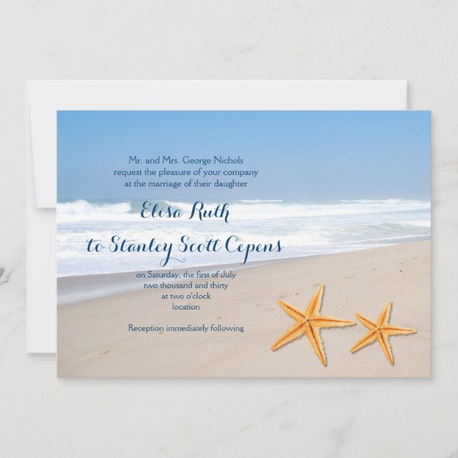 Starfish pair summer beach wedding invitation (Front)