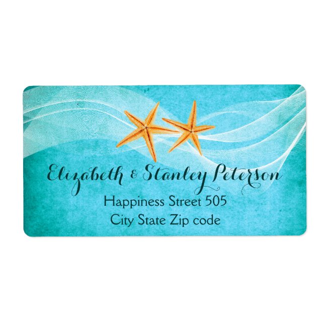 Starfish pair turquoise destination beach wedding label (Front)