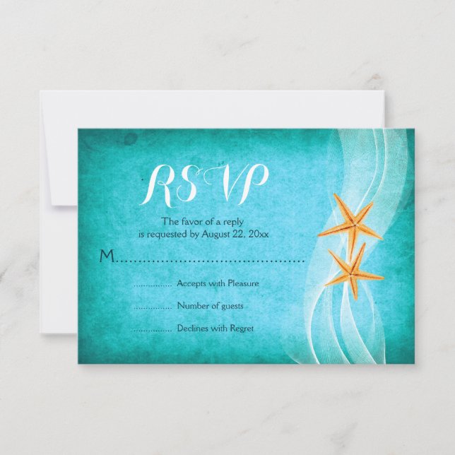 Starfish pair turquoise destination beach wedding RSVP card (Front)