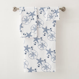 Starfish pansy sea shell pattern blue white bath towel set