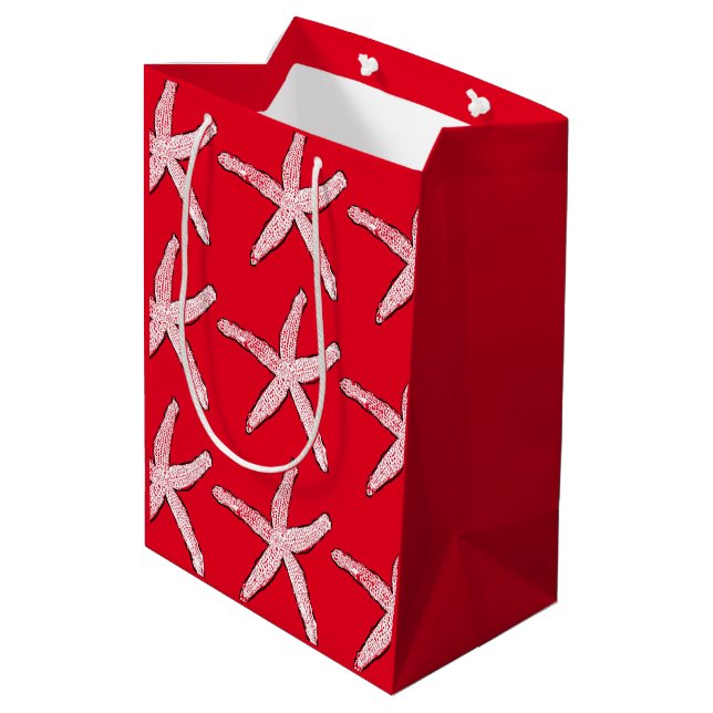 Starfish Pattern Beach Coastal Red White Christmas Medium Gift Bag (Back Angled)