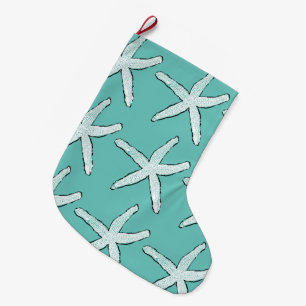 Starfish Pattern Beach Coastal Teal Blue Christmas Large Christmas Stocking