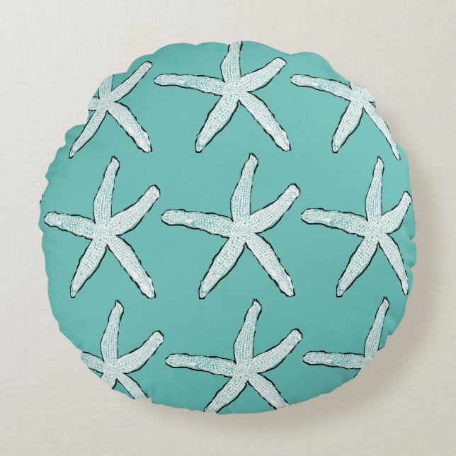 Starfish Pattern Beach Coastal Teal Blue Christmas Round Pillow (Front)
