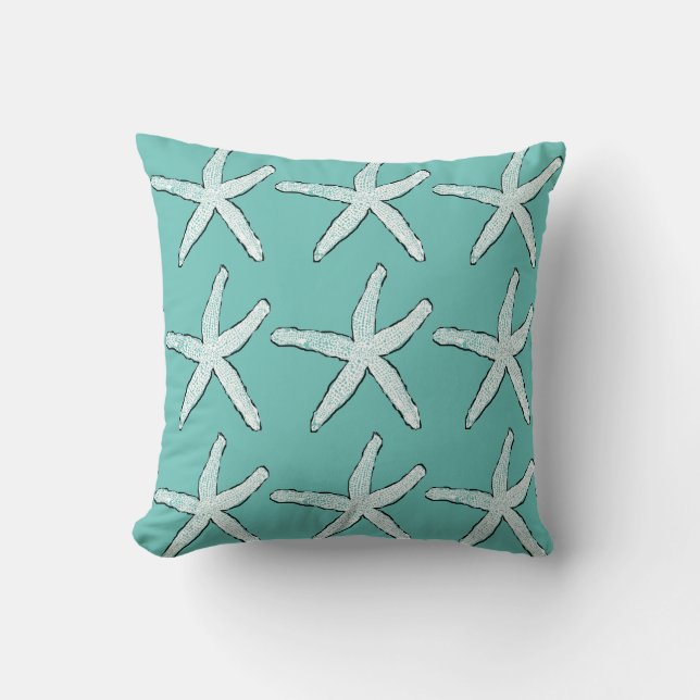Starfish Pattern Beach Coastal Teal Blue Christmas Throw Pillow (Front)