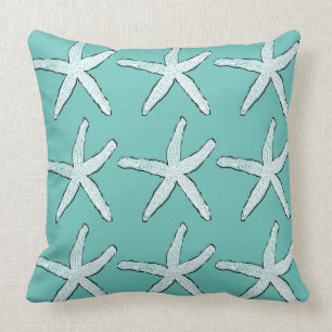 Starfish Pattern Beach Coastal Teal Blue Cotton Throw Pillow