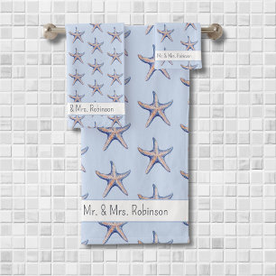 Starfish Pattern Beach House Custom Couple Name Bath Towel Set