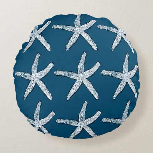 Starfish Pattern Beach Ocean Blue Christmas 2020 Round Pillow