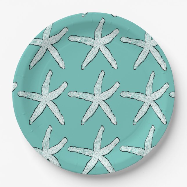 Starfish Pattern Beach Teal Baby Showers Birthdays Paper Plates (Front)