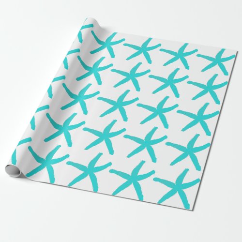 Starfish Pattern Beach Teal Blue White Christmas Wrapping Paper