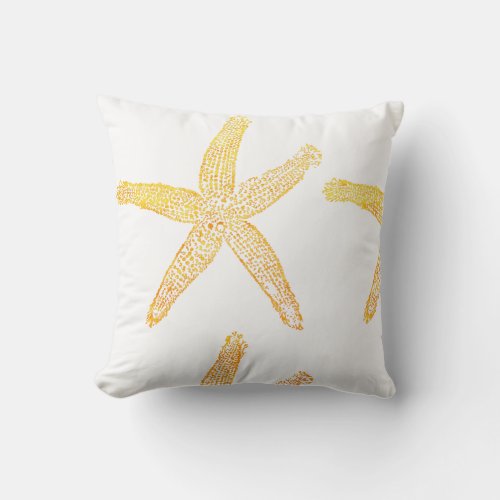 Starfish Pattern Beach Theme Golden Yellow White Throw Pillow