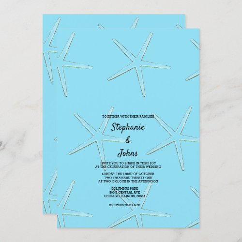 Starfish Pattern Blue Beach Destination Wedding Invitation