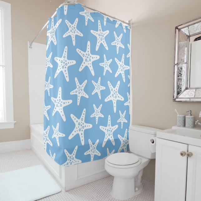 Starfish Pattern Blue Shower Curtain (In Situ)
