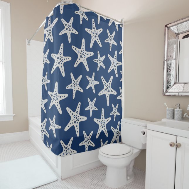 Starfish Pattern Blue Shower Curtain (In Situ)