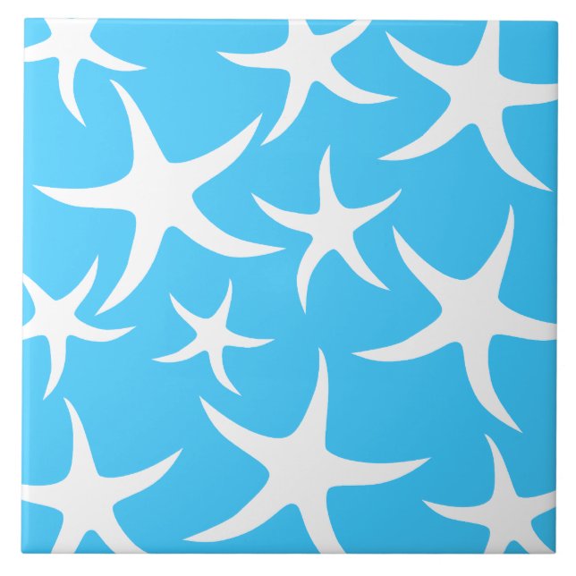 Starfish Pattern, Bright Turquoise Blue and White. Ceramic Tile (Front)