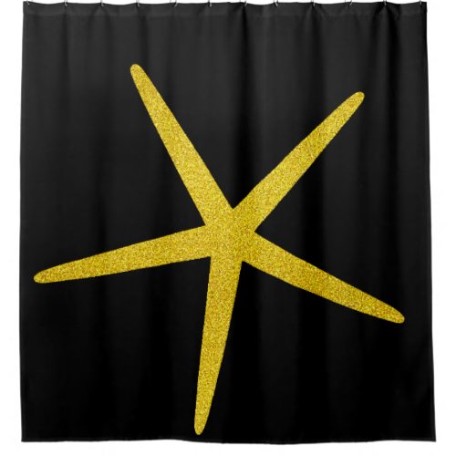 Starfish Pattern Glittery Gold Black Bath Decor Shower Curtain
