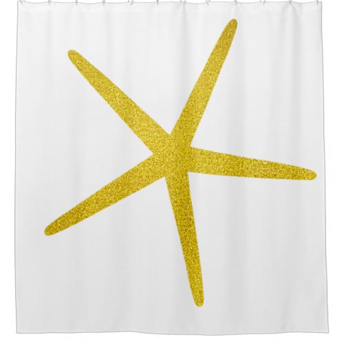 Starfish Pattern Glittery Golden White Bath Decor  Shower Curtain