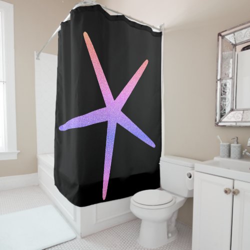 Starfish Pattern Glittery Pink Purple Ombre Black Shower Curtain